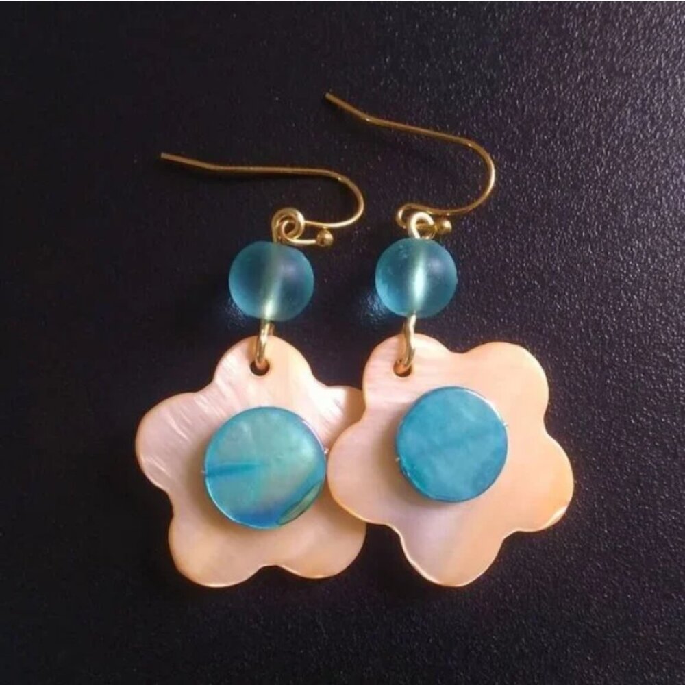 Yellow Aqua Shell Flower Earrings • Boho Beachy Spring Pop • Lightweight Cute
